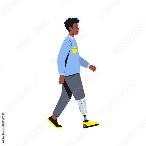 Black man walking with prosthetic leg in casual outfit outdoors Concept of people  