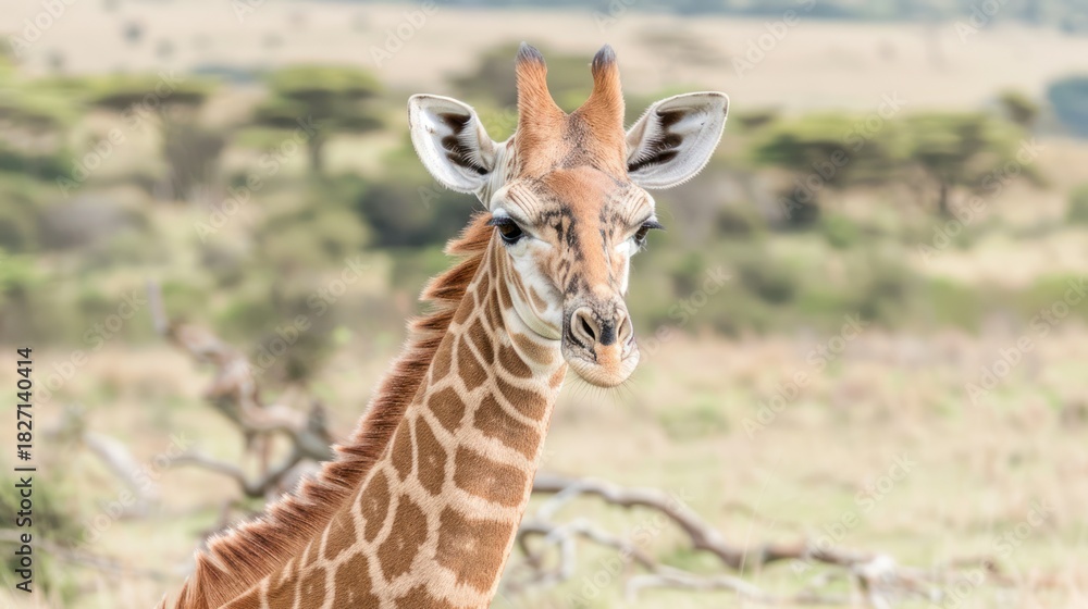 Fototapeta premium Young Giraffe in Natural Savanna Landscape with Green Trees and Open Sky