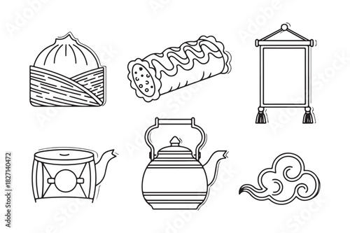 Hand drawn asian food and cultural icons set