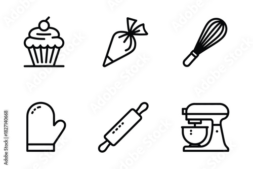 Baking icons representing sweet treats and kitchen tools