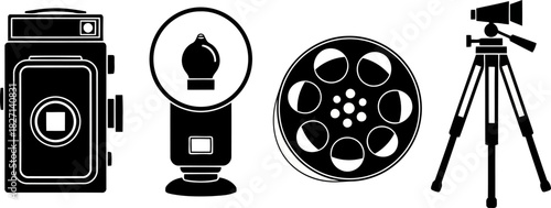 Camera Equipment Black and White Vector Illustration for Photography Enthusiasts and Visual Storytellers