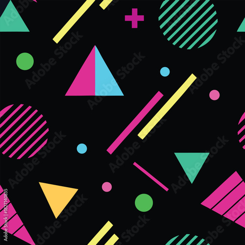 Seamless geometric Memphis pattern on black background. Dark mode abstract texture with neon triangles, circles and lines. Modern retro 90s style vector.