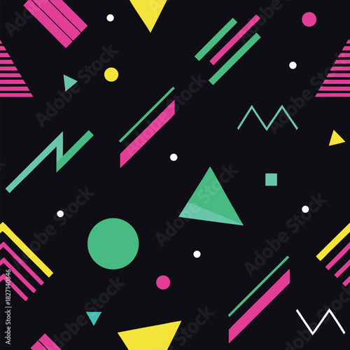 Seamless geometric Memphis pattern on black background. Dark mode abstract texture with neon triangles, circles and lines. Modern retro 90s style vector.