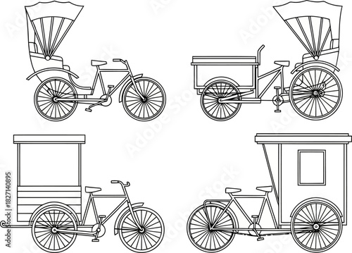 Collection of Hand Pulled Rickshaws Bicycle Taxi Illustration for Transportation needs and mobility solutions
