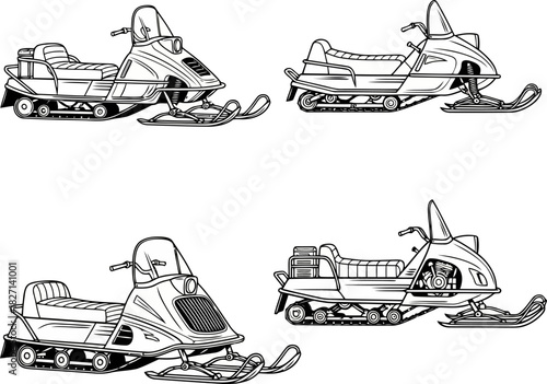 Four Detailed Black and White Line Art Snowmobiles for Winter Adventure Illustrations