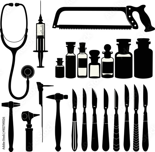 Medical equipment silhouette set of doctor and surgeon tools for healthcare and diagnostic