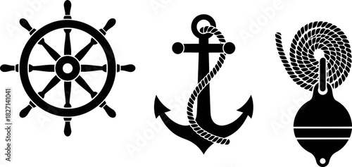 Nautical elements including a ship steering wheel an anchor and a rope buoy illustration