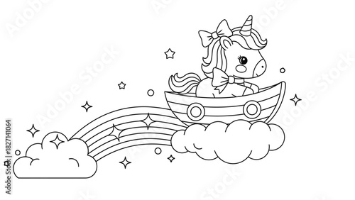 Whimsical Unicorn on a Dreamy Cloud with Rainbow and Sparkling Stars for