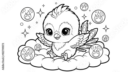 Adorable cartoon bird character surrounded by floating celestial elements and