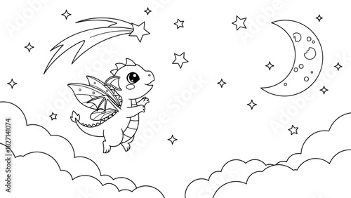 Adorable cartoon dragon with fairy wings flying beneath starry night sky