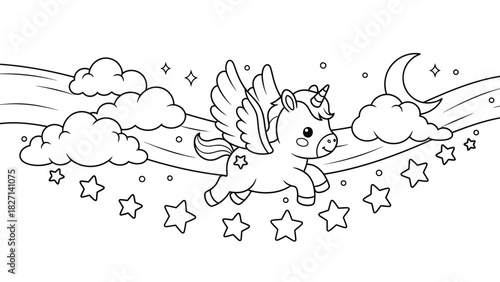 Whimsical Unicorn Flying Across a Dreamy Night Sky with Clouds and Stars