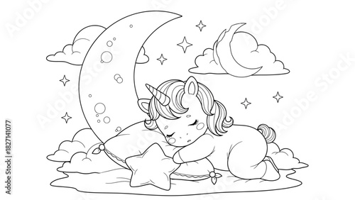 Adorable unicorn sleeping peacefully on a starry celestial night scene in