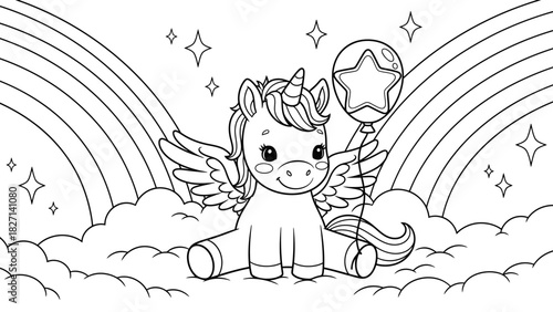 Whimsical fantasy scene featuring a winged unicorn playing among clouds with