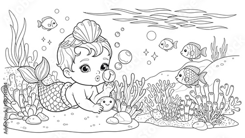 Whimsical underwater scene featuring a mermaid child exploring vibrant coral