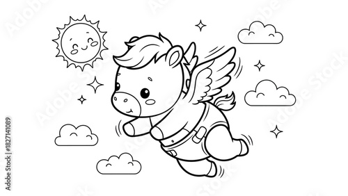 Whimsical winged pony soaring through a sunny sky with clouds and stars