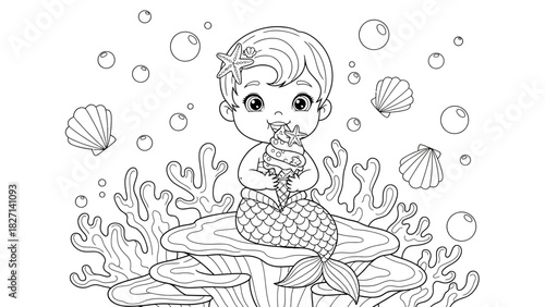Whimsical undersea mermaid with starfish hair accessories surrounded by ocean