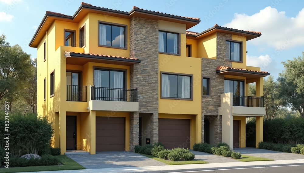 Fototapeta premium Modern three story townhouses feature yellow and stone exteriors with balconies and garages. These new homes offer contemporary urban dwelling design. Community housing development for sale.