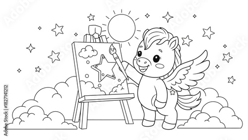 Whimsical cartoon pegasus painting a celestial scene with stars and clouds