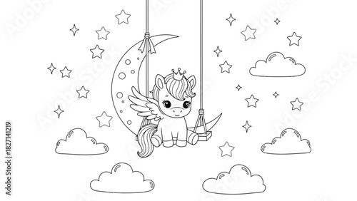 Whimsical fantasy illustration of a winged unicorn riding the moon under a