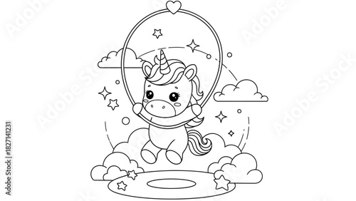 Whimsical unicorn riding a cosmic swing amidst dreamy clouds and stars