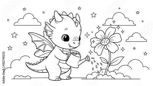 Adorable young dragon watering a blooming flower in a whimsical fantasy scene