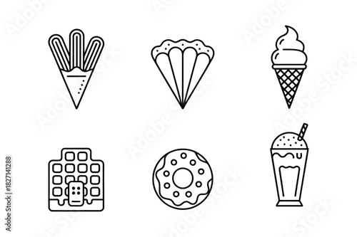 Collection of hand drawn dessert icons including ice cream and donuts