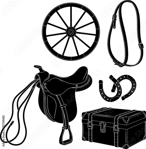 Western Riding Elements Collection Old West Equipment Saddle Wheel Trunk Horseshoe