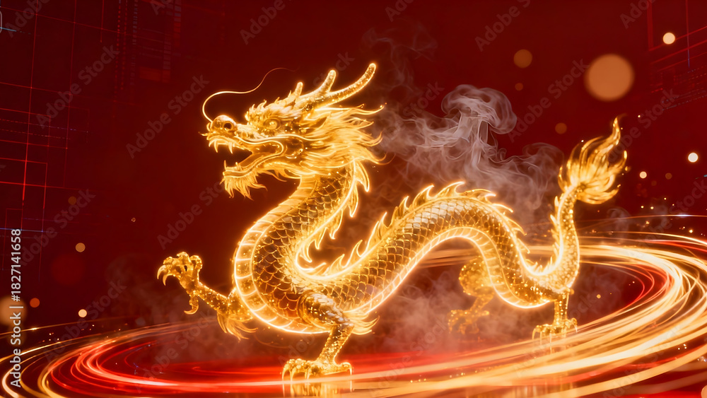 Fototapeta premium A majestic golden Chinese dragon glowing with fiery light on a vibrant red background with abstract light trails.