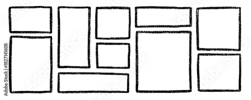 Chalk Frames and text boxes doodle set. Rectangle and square shapes, grunge crayon borders in sketch style. Hand drawn vector illustration isolated on white background