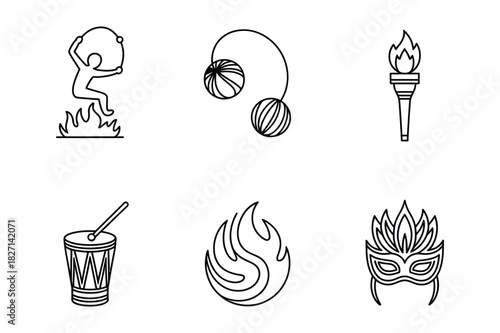 Collection of six hand drawn icons featuring fire and performance elements