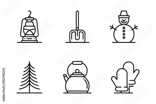 Winter and holiday icons lantern snowman tree kettle mittens and shovel
