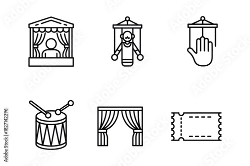 Puppet show icons including stage puppets drum curtains and ticket