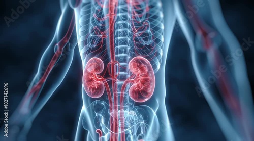 Illustration showing human kidneys and blood vessels in translucent body