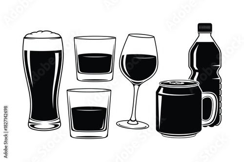 Collection of dark beverages in various glassware and a bottle