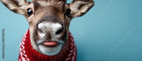 Cute reindeer wearing a festive red and white Christmas sweater, playfully sticking its tongue out in a studio setting Concept of holiday humor and winter cheer