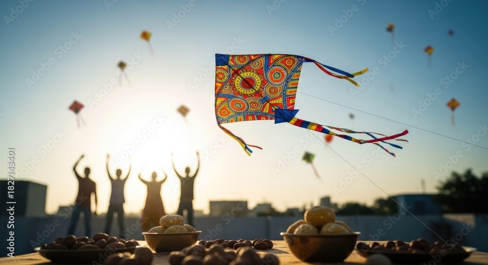Fototapeta premium Joyful people fly vibrant kites against a clear blue sky, celebrating the Indian Makar Sankranti harvest festival. Delicious traditional sweets adorn the rooftop during this cultural tradition.