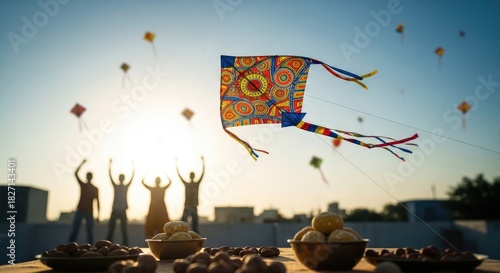 Joyful people fly vibrant kites against a clear blue sky, celebrating the Indian Makar Sankranti harvest festival. Delicious traditional sweets adorn the rooftop during this cultural tradition.