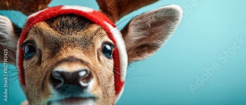 Closeup of adorable fawn wearing festive Christmas reindeer antlers headband against a vibrant blue background Concept of holiday spirit, animal portrait, and seasonal celebration