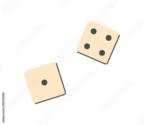 Flat dice cube board game graphic. Two beige die cubes with black dots for play or fun tabletop and toy activities. Simple design for boardgame hobby, entertainment, or leisure visuals.