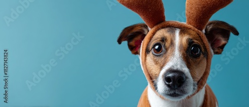 Adorable Jack Russell Terrier dog wearing funny reindeer antlers costume, looking curiously at the camera Festive pet portrait for Christmas holidays against a blue background