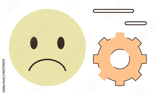 Frowning face next to a spinning gear and motion lines. Ideal for emotions, sadness, frustration, stress, challenges, solutions, productivity. A simple flat metaphor