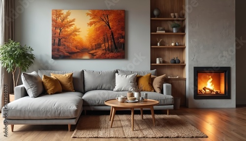 Fototapeta Naklejka Na Ścianę i Meble -  Cozy living room interior. Sectional sofa wood coffee table, fireplace creates warm ambiance. Painting on wall adds color. Autumnal decor elements, comfortable design. Home decor for relax at home.