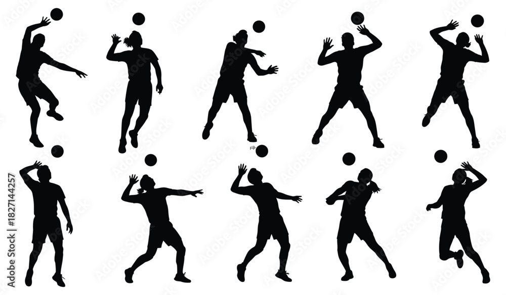 Fototapeta premium Volleyball player action silhouettes set showing various poses and movements with ball Vector