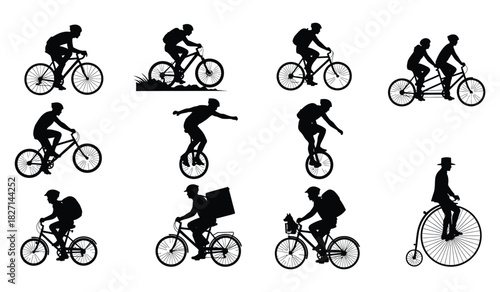 Diverse bicycle and unicycle rider silhouettes, illustrating various activities Vector