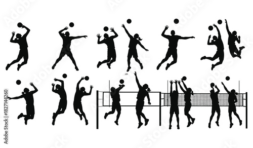Volleyball player silhouettes in various action poses hitting and spiking the ball Vector