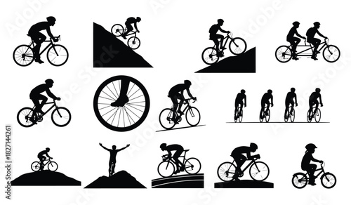 Cycling silhouettes set showing various bicycle riders in different actions and scenarios Vector