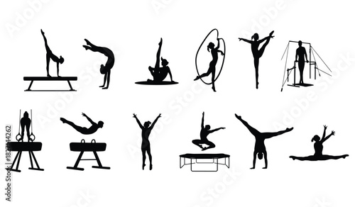 Gymnastics silhouettes collection: various acrobatic poses and apparatus illustrations vector set. Vector