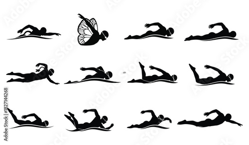 Collection of dynamic swimming silhouettes showcasing various strokes and aquatic sports. Vector