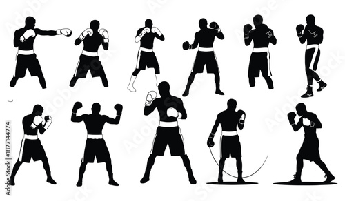Silhouettes of boxers in various action poses, demonstrating power and athletic strength. Vector