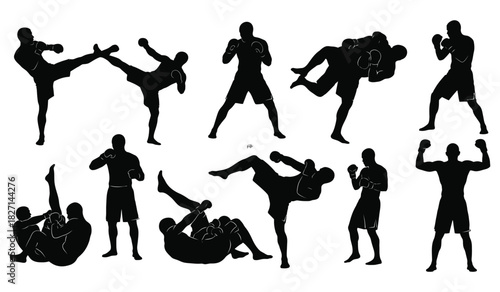 Dynamic martial arts silhouettes set, various fighting poses, combat sport actions Vector